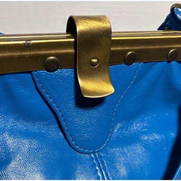 Vera Pelle Purse Italian Blue Leather Frame Bag Brass Hardware Strap Vtg READ - Picture 4 of 16